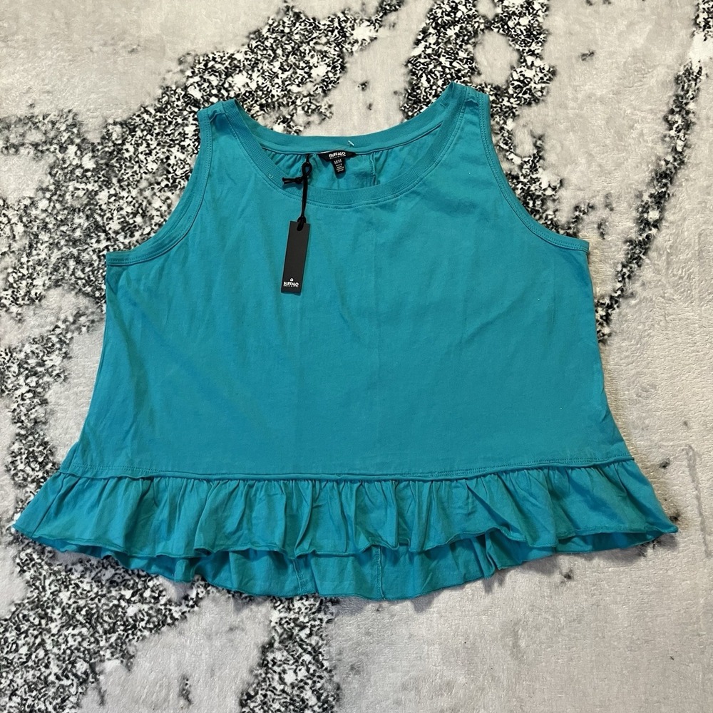 Buffalo David Bitton Top Womens‎ Sz M Betina Ruffled Cropped Tank Placid Blue